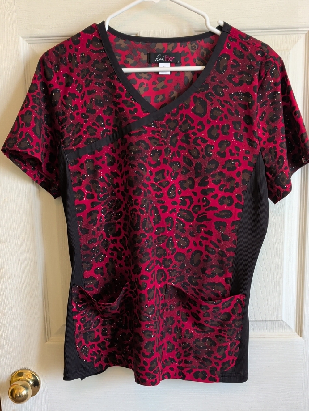 Koi Red Leopard Print V-Neck Scrub Top